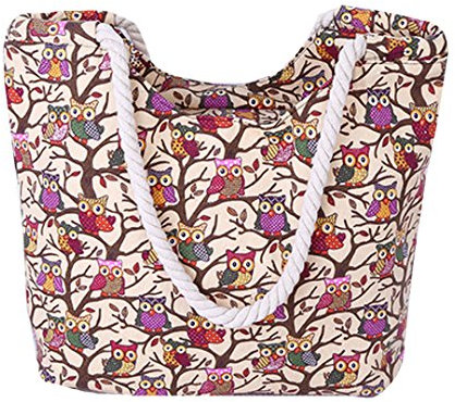 AiSi Canvas Strandtasche Schultertasche Umhängetasche Shopper Einkaufstasche, mit Reißverschluss, Eule Muster beige