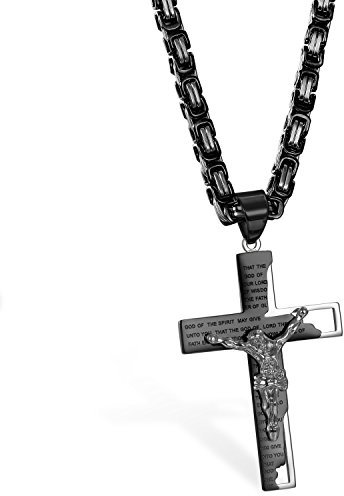 JewelryWe Schmuck Edelstahl Kreuz Rood Jesus Kruzifix Bibel Gebet Englisch Anhänger mit 65cm Königskette Kette, Retro Halskette für Herren, Schwarz Silber, mit kostenlos Gravur