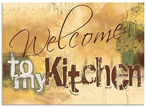 ARTland Spritzschutz Küchenrückwand aus Alu für Küche Herd Spüle 70x50 cm (BxH) mit Motiv Spruch Shabby Landhaus Kunst Willkommen Ocker H6ZJ