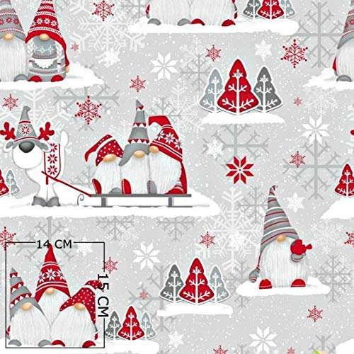 Pingianer 11,99€/m 200x160cm 100% Baumwolle Weihnachten Baumwollstoff Kinder Meterware Handwerken Nähen Stoff (3 Weihnachtszwerge Grau Rot, 200 x 160 cm)