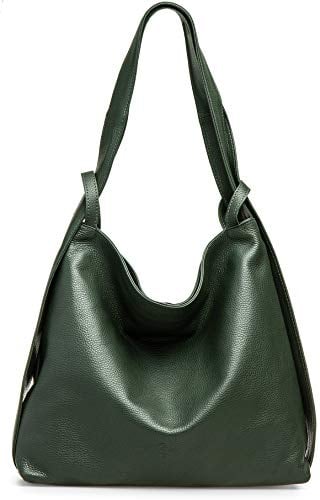 Caspar 2in1 Große Leder Rucksack Schultertasche XL Elegante Damen Handtasche - PREMIUM LINE - Modell No.786 - Made in Italy, Farbe:tannengrün, Accessoires:One Size