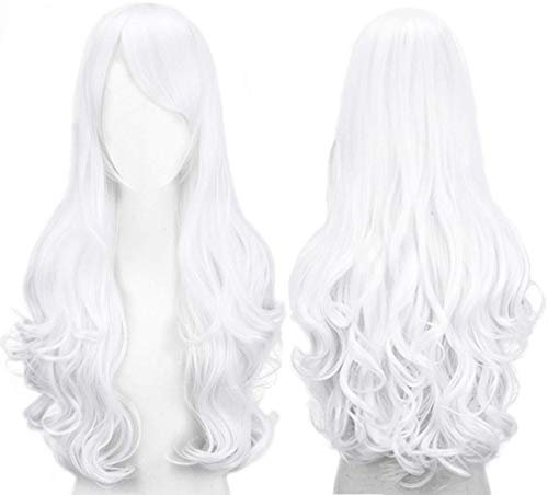 Colorful panda 32 Zoll/80 cm lange gewellte cosplay perücke für frauen, volles haar mit pony lange lockige synthetische perücke für mädchen, anime Cosplay Halloween kostüm party Perücke (weiß)