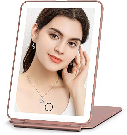 Rechargeable Makeup Vanity Mirror with 72 Led Lights, Lighted Travel Portable Light up Beauty Mirror, 3 Color Lighting, Dimmable Touch Screen, Tabletop Desk LED Foldable Cosmetic Mirror with Lights