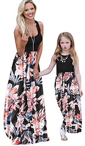 Yming Mutter und Tochter Ärmellos Sommerkleid Boho Strandkleid Lässiges Maxikleid Schwarz Blumen M
