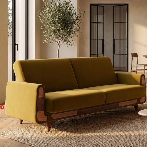 konsimo Gustavo 3-Sitzer Schlafsofa mit Schlaffunktion –Couchbett für Wohnzimmer, Klappsofa mit Liegefläche, Moderner Stoffbezug, Made in EU (gelb, Sofa 230x98x98 Velours)