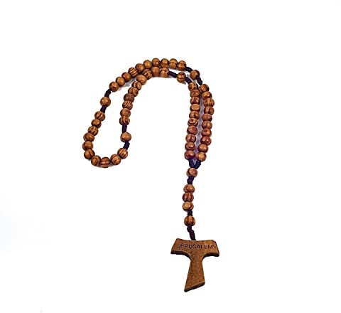 SHUCK24 Rosenkranz „Taukreuz“ Aus Holz, Liebevoll in Handarbeit hergestellt in Jerusalem. Katholische Gebetskette, Original aus dem Heiligen Land