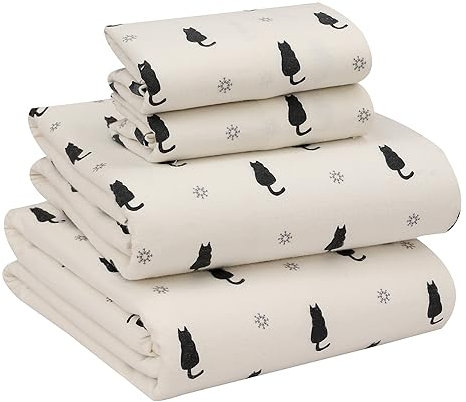 RUVANTI 100% Baumwolle, 4-teiliges Flanell-Bettlaken für King-Size-Bett, Tiefe Tasche, warm, super weich, atmungsaktiv, feuchtigkeitsableitend, Spannbetttuch, 2 Kissenbezüge – Schwarze Katze