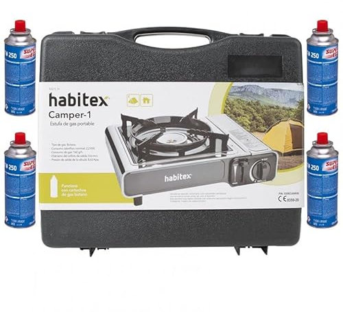 FYSHOP. Cocina Portatil Habitex camping + 4 Botes gas - Hornillo con Potencia: 2,2 kW. Cocina portatil 1 fuego + 4 botes de Gas