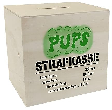 Spardose aus Holz für Familien mit lustigem Spruch - Pups Strafkasse eine lustige Geschenkidee für Familien in denen viel gefurzt Wird mit Strafen für Lautstärke und Geruch des