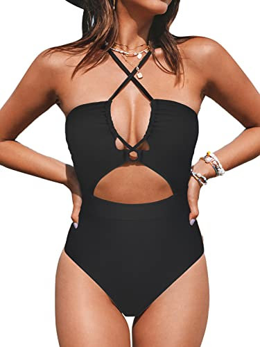 CUPSHE Damen Badeanzug Neckholder Schnürung Monokini Crossover Zierausschnitten Einteilige Bademode Swimsuit Schwarz XL