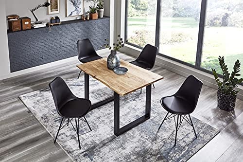 SAM 5tlg. Essgruppe Billy 130 x 75 cm, Akazienholz massiv, naturfarben, Baumkantentisch mit U-Gestell in Schwarz + 4X Schalenstuhl Lerche in Schwarz