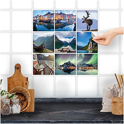 FoLIESEN Fliesenaufkleber für Bad, Küche, Badezimmer - Fliesen-Folie selbstklebend - Deko-Aufkleber - Nordic, .:15x15 cm - 9-tlg.