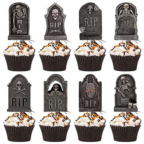 24 Stück Halloween Grabstein Cupcake Topper Horrible Tombstones Friedhof Kuchen Picks Gruselige Cupcake Dekoration für Halloween Themenparty Zubehör