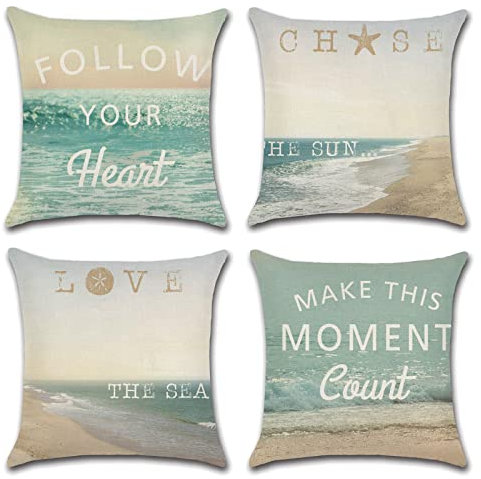 OCEUMACO Leinen Kissenbezug 45x45 Strand Muster Kissenhülle 4er Set Quadratisch Sofakissen Dekokissen Bezug für Couch Natur Meer Kissen Kissenbezüge Outdoor Deko Couchkissen Zierkissen - Mint