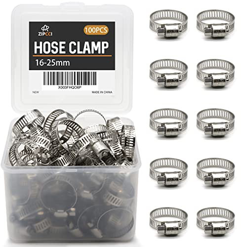 ZIPCCI Hose Clamp, 100 Pack Stainless Steel Hose Clamps Worm Gear Fuel Line Pipe Clamps, 16-25mm (5/8-1 inch)
