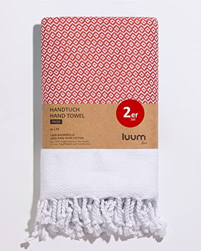 Luum® 2er Hamam Handtücher Set, Sport Handtuch Set, Turkish Towel Set, Haar Handtuch Set, 100% ringgesponnene Baumwolle, schnelltrocknend, fusselfrei, Rot, 45x95, Geschenkset
