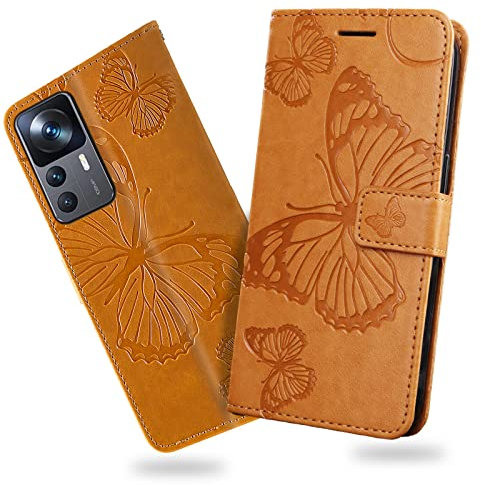 DENDICO Hülle für Xiaomi MI 12T / Xiaomi MI 12T Pro, PU Leder Magnetverschluss Flip Handyhülle Schutzhülle mit Standfunktion und Kartenfach für Xiaomi MI 12T / Xiaomi MI 12T Pro, Gelb
