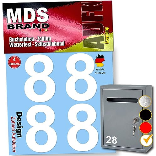 MDS Brand Zahlen Aufkleber 5cm Design Selbstklebende Klebezahlen | Vinyl Hausnummern zum Aufkleben für Briefkasten, Mülltonnen, Hausnummer für Außen & Innen (Weiss, 8)