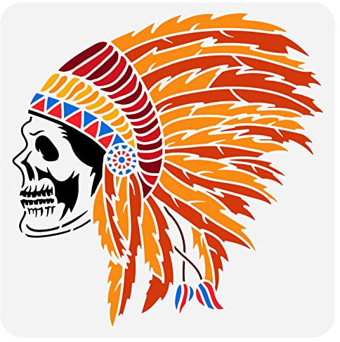 FINGERINSPIRE Indischer Häuptling Totenkopf Malschablone 30x30 cm Wiederverwendbare Indianerhäuptling Airbrush Schablone Zur Dekoration, Native American Chief Vorlage Zum Malen Auf Wandholzmöbeln