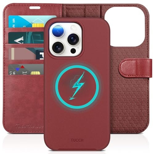 TUCCH Case for iPhone 15 Pro 2023, 2 in 1 Detachable Wallet Stand Foldable Case with[RFID Blocking][Wireless Charging][Card Holders][Kickstand]Removable Magnetic PU Leather Shockproof Folio, Dark Red