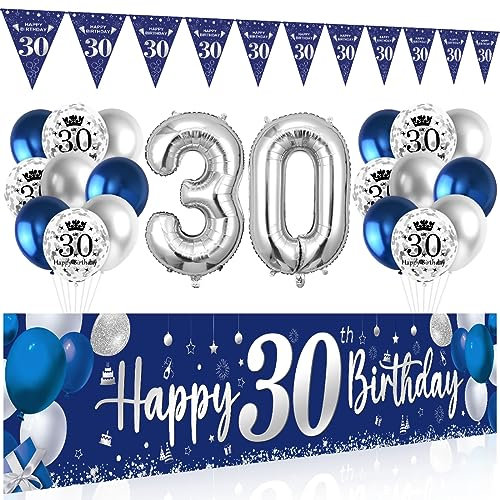 30. Geburtstag Deko Banner Luftballons Wimpel Girlande Hintergrund Ballons Marineblau Silber für Männer Frauen Party Deko
