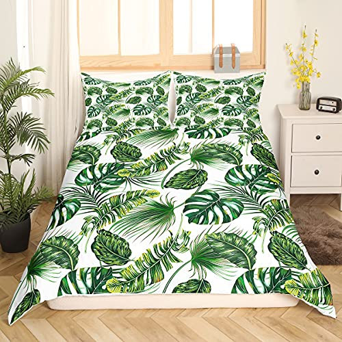 Palmenblätter Tröster Bezug Hawaiian Bettbezug Monstera Banana Blätter Bettdecke Abdeckung 135x200 Sommer Tropische Blätter Bettwäsche Set für Wohnzimmer Schlafzimmer Dekor,Grün Weiß