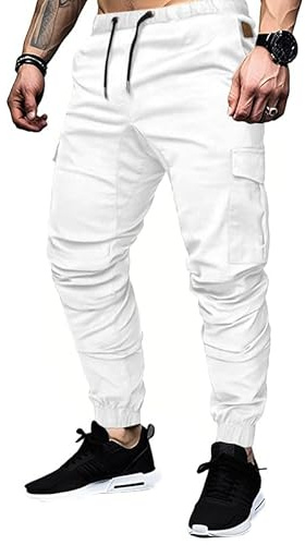 Elegancity Cargohose Herren Weiß Chino Hose mit 6 Taschen Cargo Hose Stretch Jogginghose für Männer mit Bundgummi Elastische Hosen XL