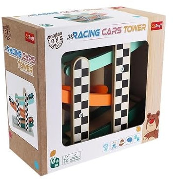 Trefl - Racing Cars Tower, Wooden Toys - Holzspielzeug, Auto Rutsche, 3 Holz Autos, Bio Naturholz, Spielzeug für Jahre für Kinder ab 18 Monaten