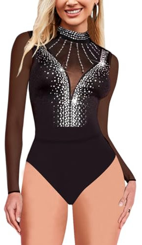 MAYFASEY Women's Rhinestone Studded Mesh Sheer Bodysuit Long Sleeve Cotton Bodysuit Tops, Black, L