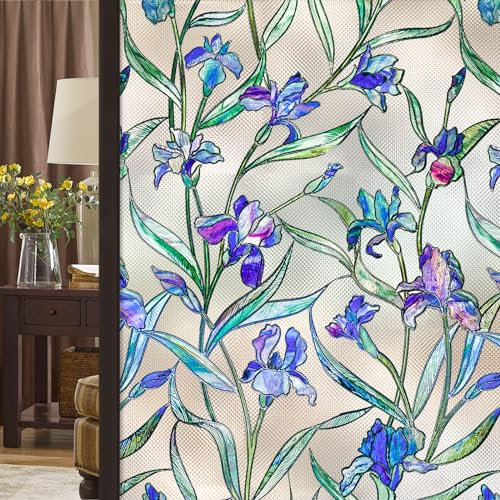 Windimiley Buntglas-Fenster-Sichtschutzfolie: 3D-Violettes Blumenmuster, dekorativ, mattiert, statisch haftend, für Badezimmer, Wärmeregulierung, Sonnenschutz, Fensteraufkleber, nicht klebende
