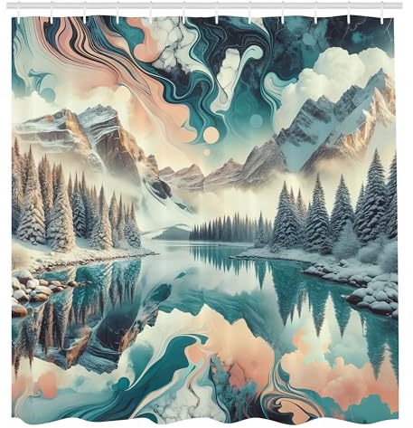 ABAKUHAUS Lac Rideau de Douche, Effet Aquarelle Ambiance Onirique Scène De Bois Et De Montagne avec Nuages, Material Resistente al Agua Durable Estampa Digital, 175 cm x 200 cm, Bleu Cadet Pêche Teal