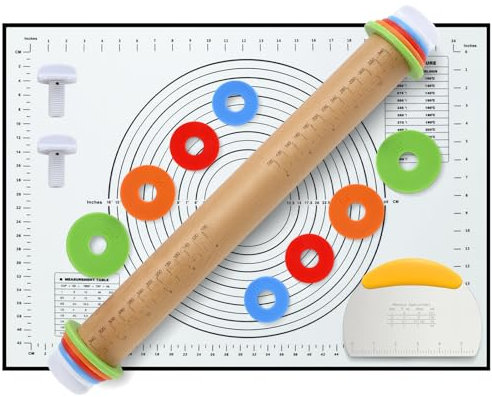 Unokit Pasta making tools 3-Piece Set, Wood Rolling Pin with Thickness Rings, Oversized Non-Slip Pastry Mat and Graduated Dough Cutter for Baking Cookies, Pizza, Bread