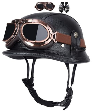 Jethelm Retro, Motorradhelm Jethelm Roller-Helm, Deutscher Stil Halbschale Helm, Herren Und Damen Vintage Halbgesicht Chopper Helm, Scooter-Helm, Mit Handschuhe Brille, ECE-Zugelassen ( Color : Black
