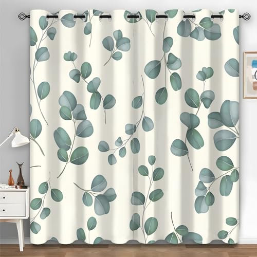 Boceoey Vorhänge Eukalyptus, Verdunkelungsvorhang Anlage mit Ösen, Vorhang Blickdicht für Schlafzimmer Wohnzimmer, Blatt Muster Gardinen Deko 2er Set 220 x 140 cm (HxB) I-382