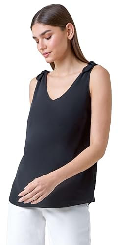 Roman Originals Tie Detail Strap Cami Top for Women UK - Ladies Everyday Holiday Spring Summer V Neckline Comfy Soft Evening Vacation Work Party - Plain Black - Size 12