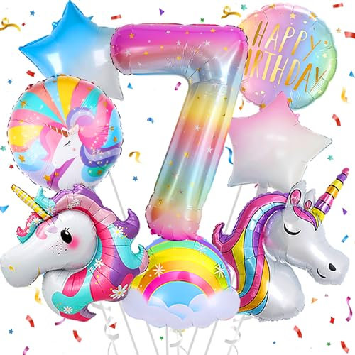 Decoración de Cumpleaños Unicornio 7 Años - Globos 3D, Número 7 y Nube Arcoíris - Fiesta para Niña