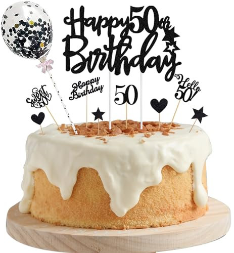 ALEGRE Torten Deko 50. Geburtstag Mann Frau, Schwarz, 10 Stück Glitzer Cake Topper, Happy 50th Birthday Kuchen, Hello 50 Tortenstecker