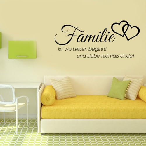 Familie ist wo Leben beginnt Wandtattoo - Herz-Deko für Zuhause | Liebevolles Familien-Wanddekor mit Schriftzug Liebe niemals endet (29x66cm)