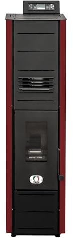 STUFE A PELLET ITALIA Colonna 8 Kw - Stufa ad Aria Ventilata Efficienza 93% Scalda 70m² Design Super Compatto Programmabile 5 Velocità e Potenze Garanzia 24 Mesi Rosso