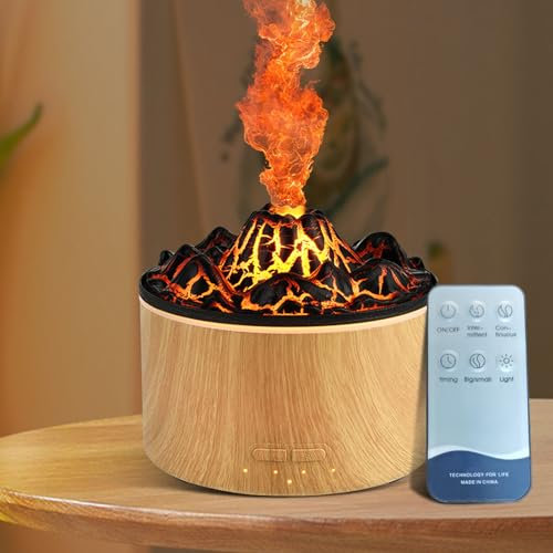 Asixxsix Vulkan-Diffusor, 330 Ml, Diffusor für ätherische Öle, Vulkan-Feuerflammen-Aromatherapie-Diffusor mit Zweifarbigem Licht und 4 Timern, Ferngesteuerter Vulkan-Luftbefeuchter,