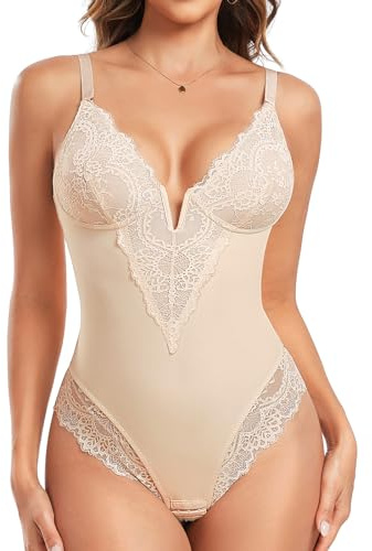 Tuopuda Body Moldeador Mujer Bodies Reductor Adelgazante Tanga Escote V de Encaje con Almohadillas extraíbles Faja Control de Abdomen Shapewear Posparto