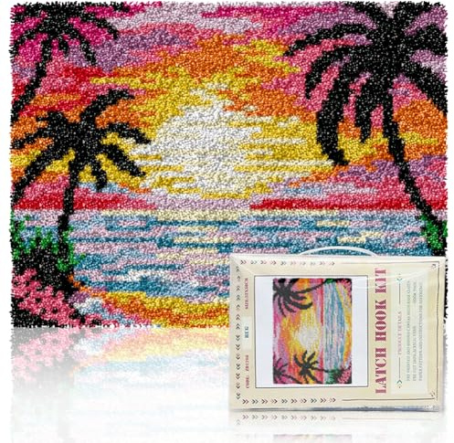 ORIGACH Knüpfteppich zum Selber Knüpfen Set, Sunset By The Beach, 52×38cm | Selbst Knüpfen Set für Erwachsene Und Anfänger mit Vorbedruckt Leinwand Und Werkzeug, kreatives Basteln & Heimdekoration
