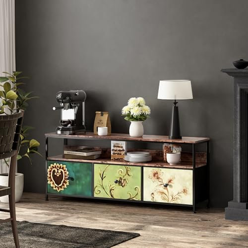 KEFSR Mueble de TV de estilo vintage con cajones, mueble de madera para TV con luz LED, consola multimedia de TV, color clásico de tonos cálidos (verde, 137 x 30 x 57 cm)