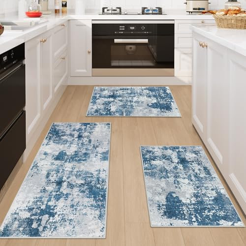 Famibay Kitchen Rug Sets 3 Piece Kitchen Mats Non Slip Washable Kitchen Runners Floor Mat Blue Grey Modern Abstract for Kitchen Laundry Room Hallway 50x120cm+50x80cm+50x80cm