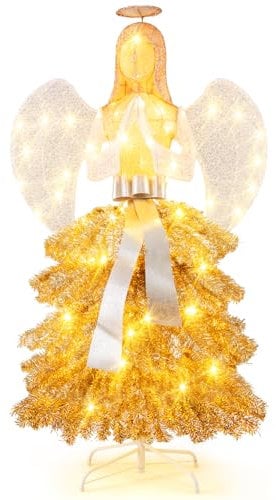 COSTWAY Weihnachtsengel beleuchtet, Weihnachtsdeko mit warmweißen LED-Lichtern, 157 cm hohe Weihnachtsfigur in Baum-Optik, Weihnachtsdekoration, Weihnachtsbeleuchtung für außen und innen