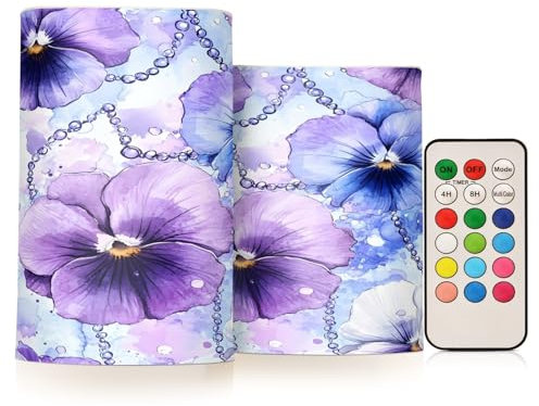 BOESI Watercolor Pansies and Pearls Pattern LED Candle Lights Color Changing Flameless Candle with Remote Control Battery for Outdoor and Indoor Home and Room Decorations, Set of 2
