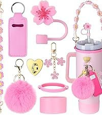Lot de 8 accessoires de tasse Stanley de 1,2 l pour tasse de voyage Stanley, kit de bricolage comprenant siliocne pour bouteille d'eau Stanley, sangle, couvercle de paille (rose)