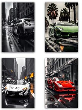NebulaNova Luxusauto-Leinwanddrucke Sportwagen-Poster Supercar Ästhetik Coole Straßenauto-Wandkunst für Jungen Zuhause Schlafzimmer Büro Wohnheim Zimmerdekoration (4 Stück 20 x 30 cm Ungerahmt)