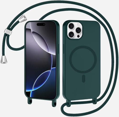 SLWYF Magnetische Handykette für iPhone 11 Pro Hülle mit Band, Handyhülle Kompatibel mit MagSafe, Silikon Seil Necklace Handyhülle PU Stoßfest mit Abnehmbar Kordel zum Umhängen Case - Dunkelgrün