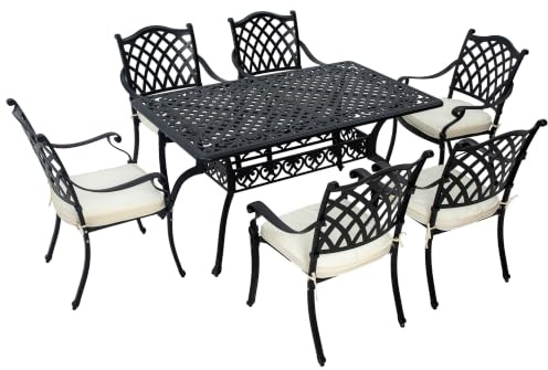 Outsunny 7 PCs Garden Patio Dining Set with Parasol Hole, Deck Black | Cast Aluminium Outdoor Furniture Set, Six Cushioned Chairs, Rectangle Dining Table, for Garden Lawn Deck